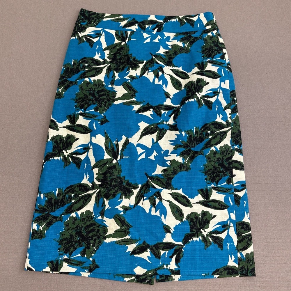 J.Crew No. 2 Pencil Skirt Size 2 Blue Green Floral Cotton Blend Knee Length